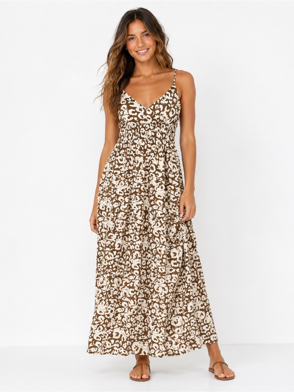 Rails Brown Cream Animal Print Ruched Waist Bohemian Maxi Dress Size M Beachy